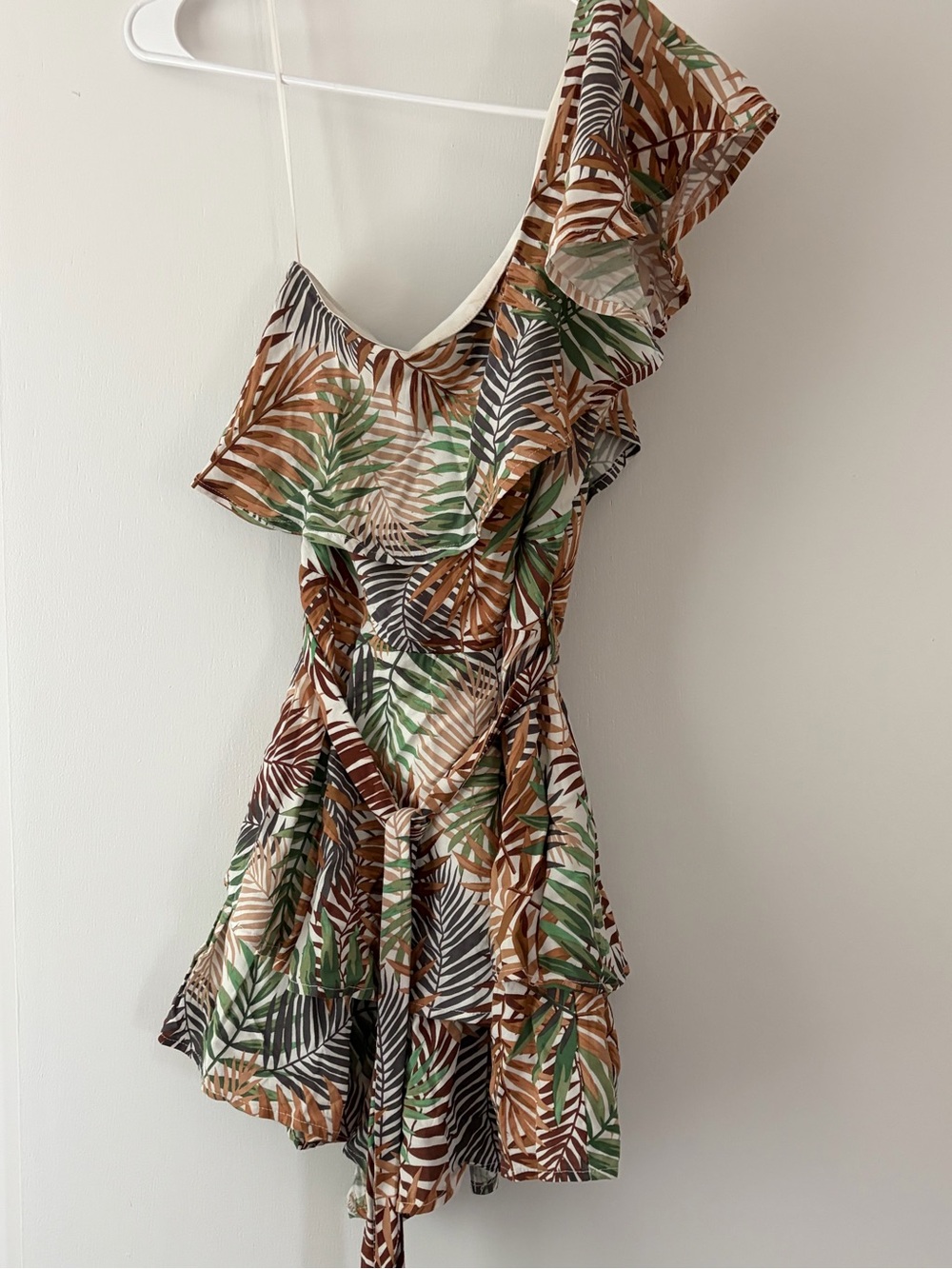 Tropical One-Shoulder Ruffle Romper in Brown & Green